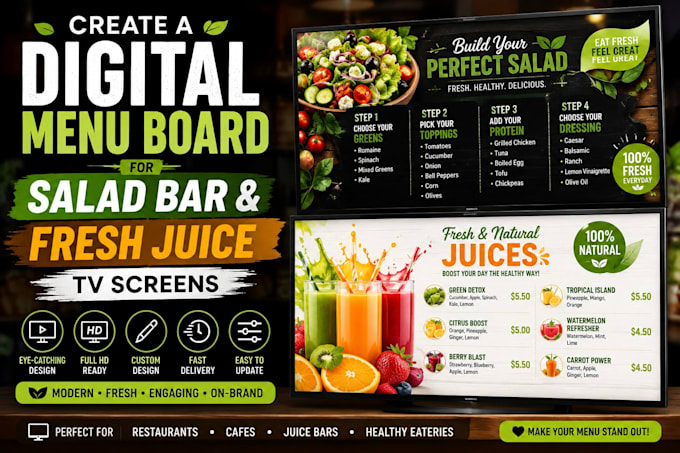 create a digital menu board for salad bar and fresh juice TV screens