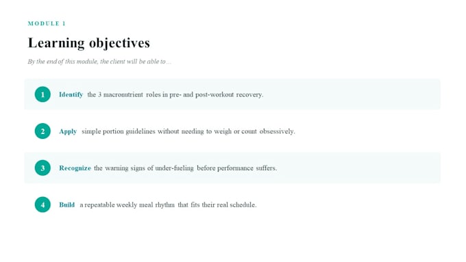 write nutrition coaching curriculum and elearning content