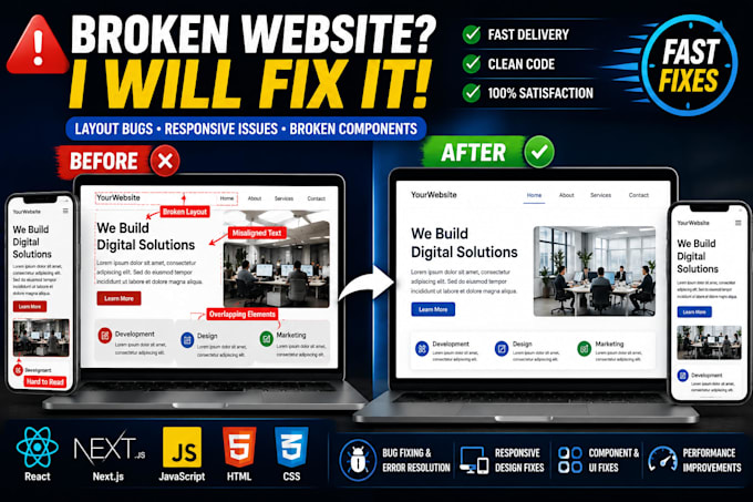 fix react, next js, javascript frontend bugs and responsive issues