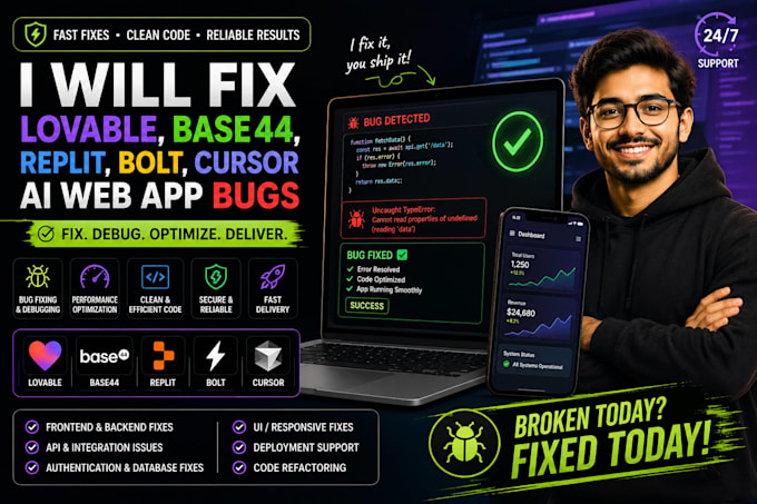fix lovable, base44, replit, bolt, cursor ai web app bugs API claude superbase