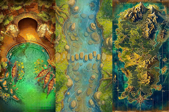 draw a fantasy dnd rpg battle map and vintage medieval world map