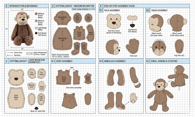 create a custom plush toy reference sheet with sewing pattern and details