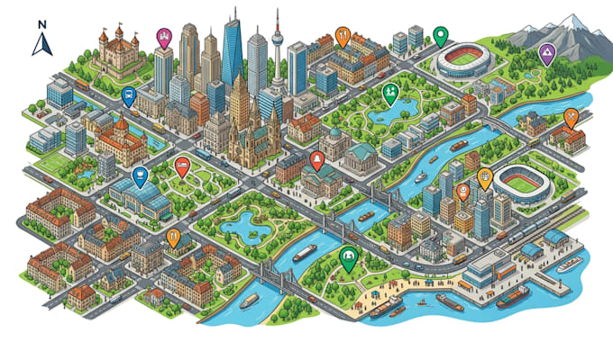 create isometric 3d, vector map and hand drawn with custom map illustrations