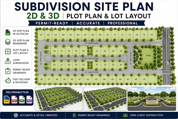 create 2d and 3d subdivision site plan, plot plan and lot layout for permit