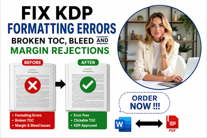 fix KDP formatting errors, broken toc, bleed and margin rejections