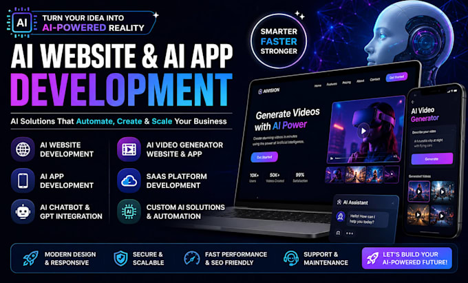 develop ai website, ai app, video generator app and website app video