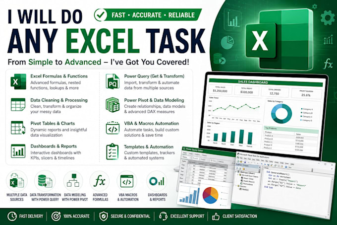 do any excel task, power query, power pivot, vba, macro, dashboard, or da
