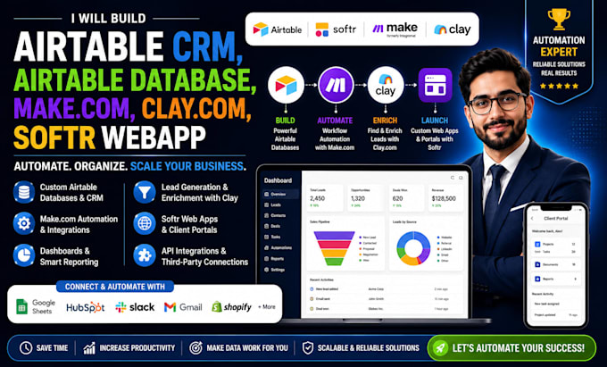build airtable CRM database makecom automation softr web apps