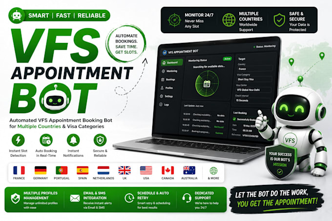 develop booking appointment bot,vfs bot,booking bot,vfs appointment