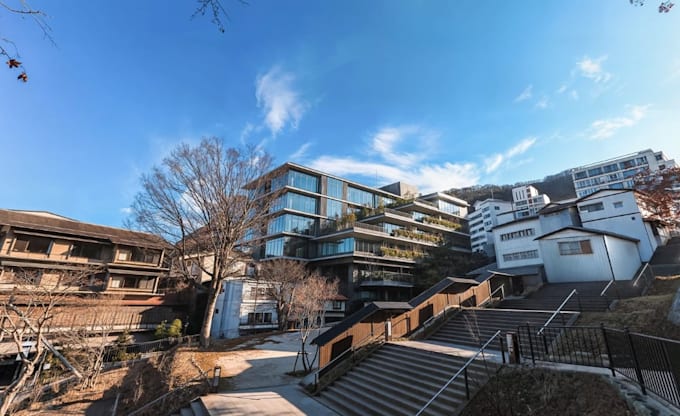 recraft apartment sloped building,resolution rendering,driveway,architecture cgi