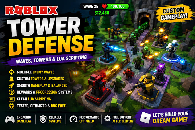 develop a complete roblox tower defense game with waves and tower systems