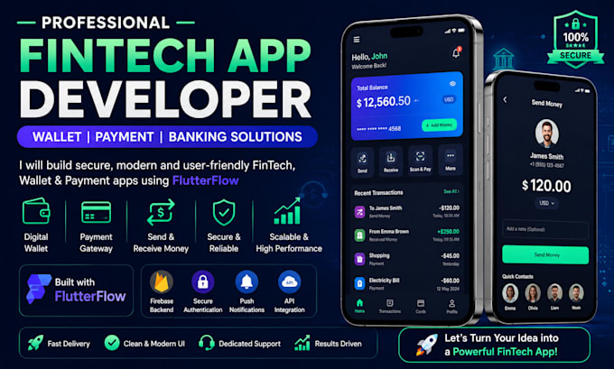 develop a fintech app, wallet and payment apps, flutterflow mobile app developer