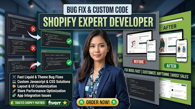 fix bugs shopify liquid code, custom javascript css, shopify expert developer