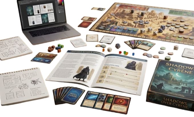 design tabletop game rulebook layouts, card game manuals, play guides tabletop