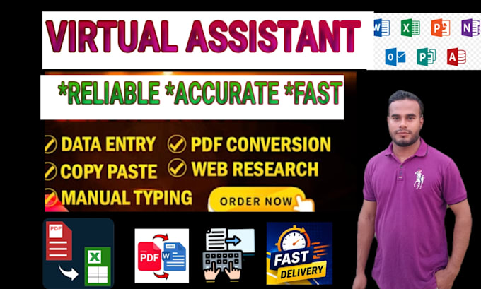be virtual assistant for data entry, web research, pdf to excel, typing copy pas