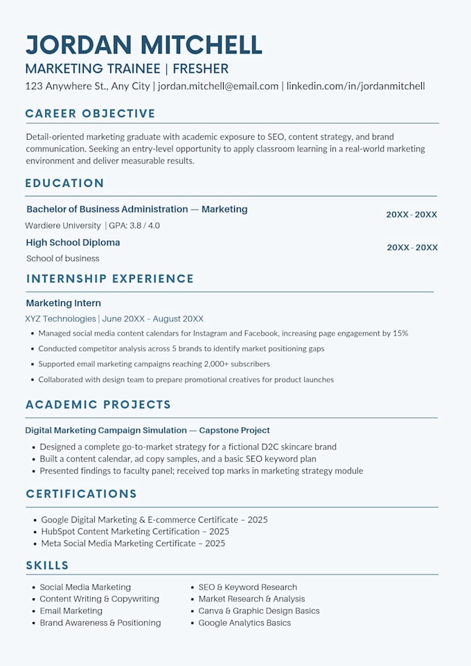 design ats friendly fresher resume template