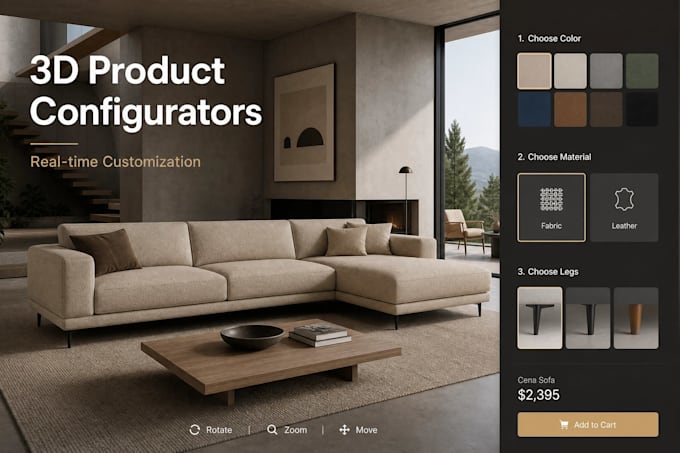 develop stunning interactive 3d webgl, three js, product configurator website
