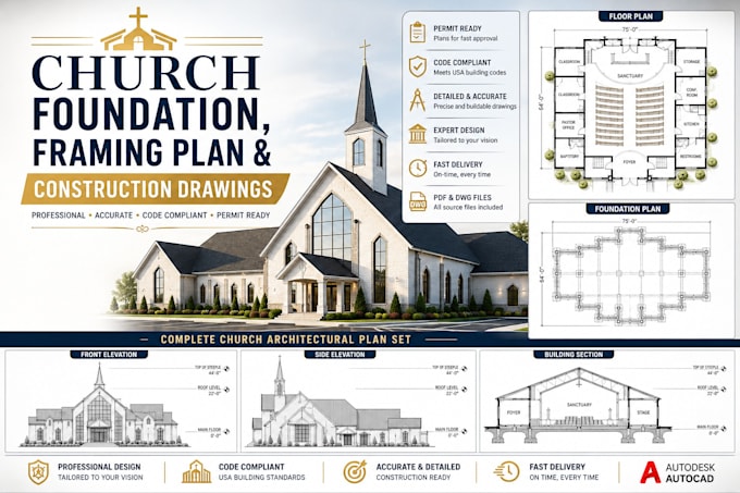 design church foundation, framing pan and construction drawings