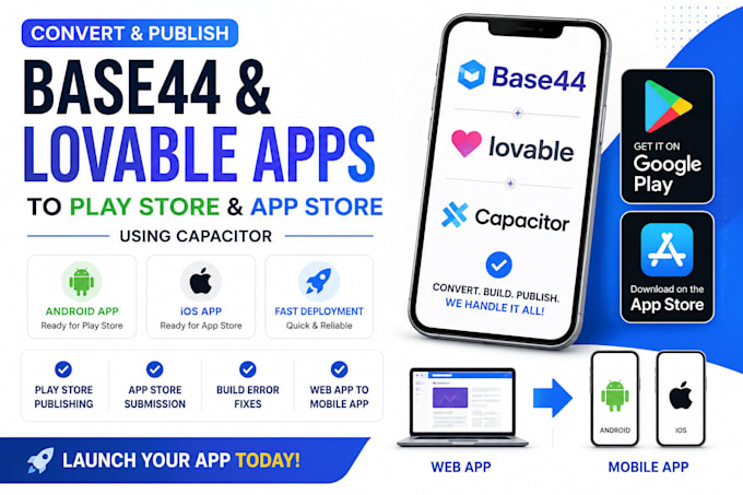 convert base44 publish loveable app to play store app store