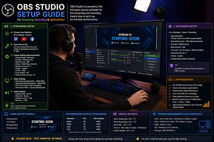 set up obs studio for streaming, recording and optimization