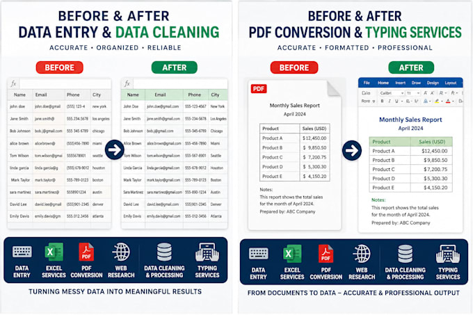 do data entry, excel data entry, web research and PDF conversion