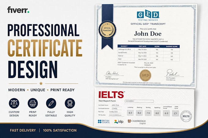 design a professional ged certificate or transcript, create ielts certificate