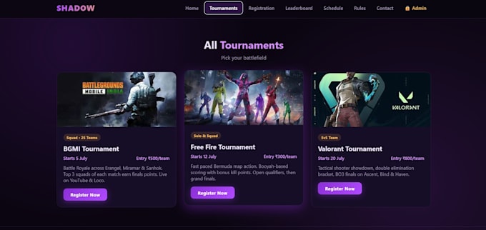 create a responsive gaming tournament website using HTML CSS and javascript