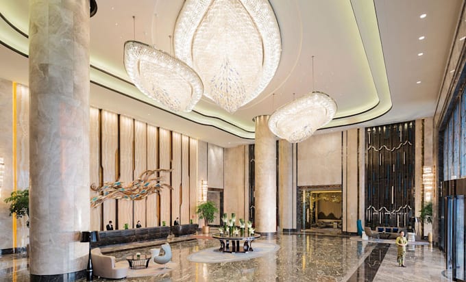 design and render modern lobby, reception and front desk