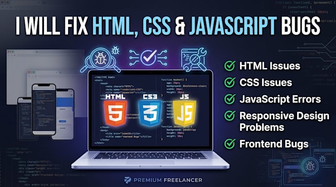 fix HTML CSS javascript bugs and responsive design issues