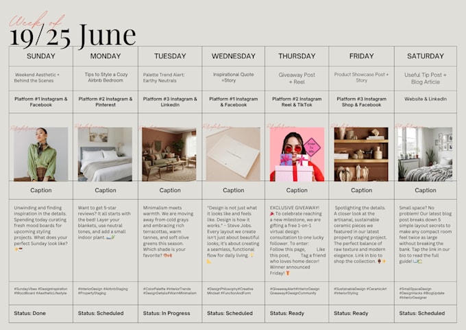 create a weekly social media content calendar with captions
