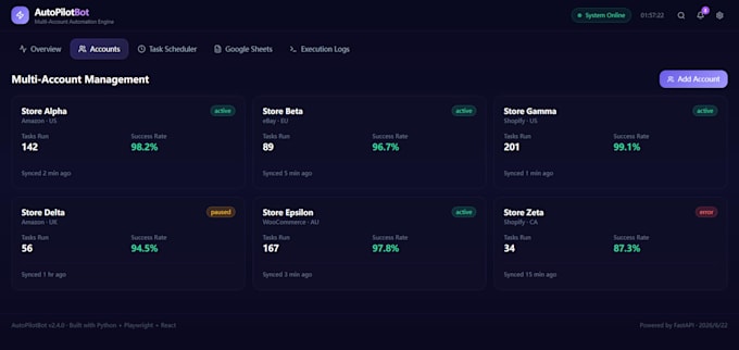 build a multi account automation bot with real time react dashboard