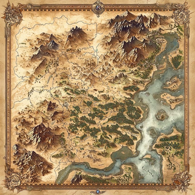 draw a detailed hand drawn fantasy map