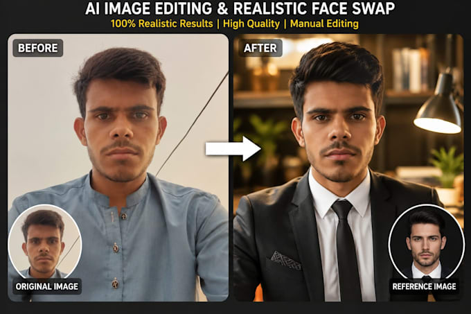 do ai image editing, realistic face swap and body slimming and retouching