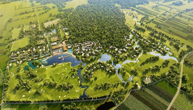 design 3d building for map,large terrain golf community,tourism resort,drone cgi