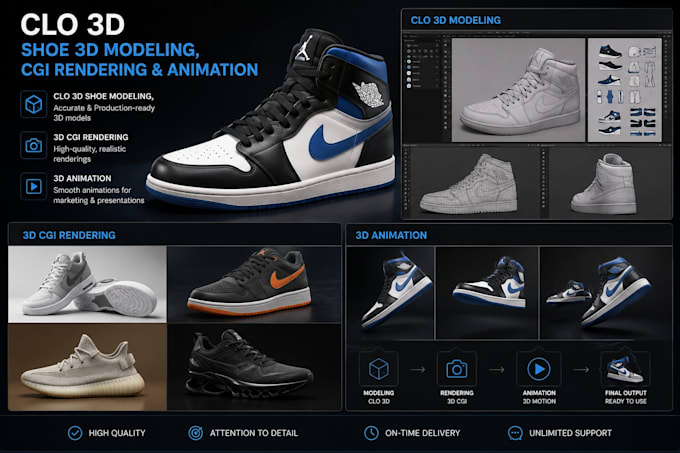 create clo 3d shoe, sandal models, realistic cgi renderings and 3d animations