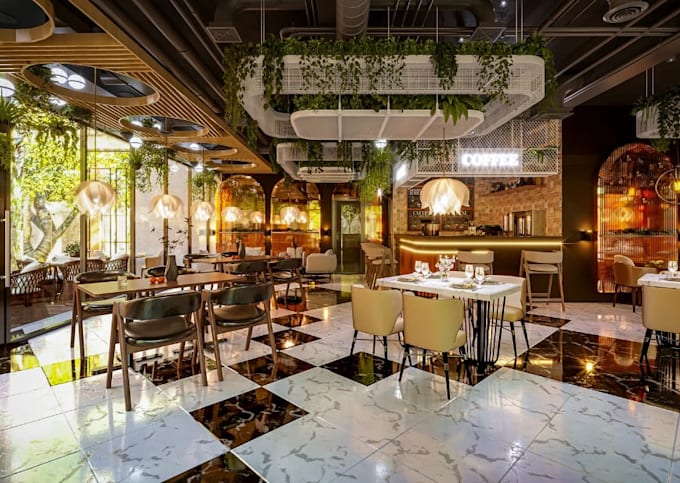 visualize commercial kitchen,bar nightclub, restaurant dining space, lounge area