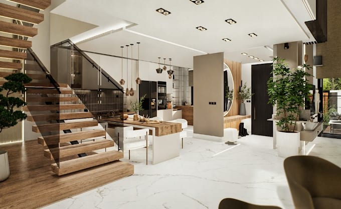 recraft 3d open living interior, luxury apartment,private residence,panel render