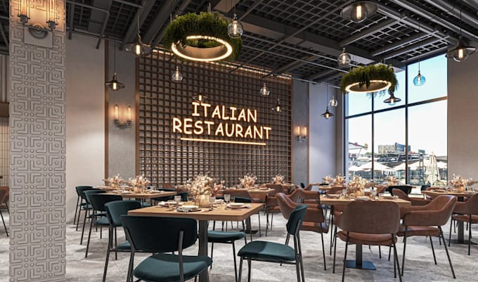 redesign 3d bar interior layout, restaurant concept rendering,cafe,lounge visual