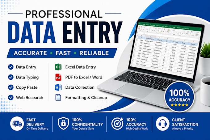 do accurate data entry, copy typing, microsoft excel, and web research