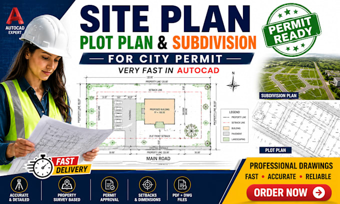 draw site plan, plot plan and subdivision for city permit in autocad