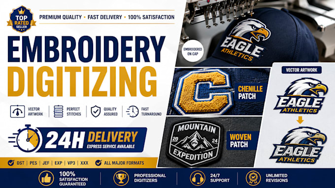 do embroidery digitizing, chenille patch design, woven patch and vector tracing