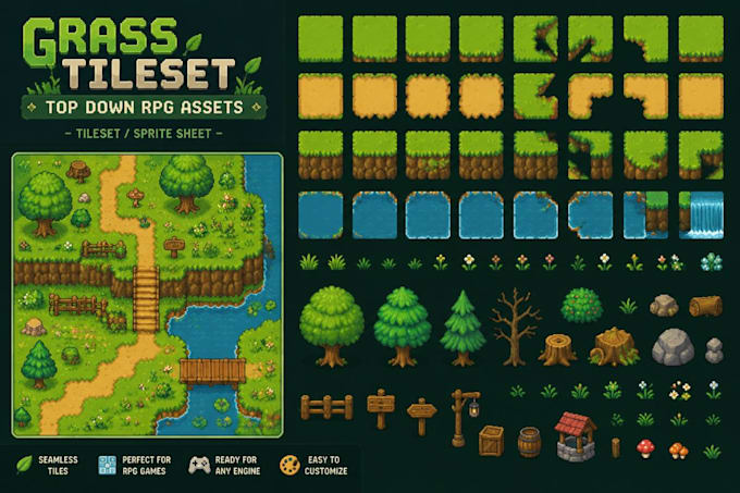 pixel tileset 2d sprite sheet top down tile rpg map tile map enivironment asset