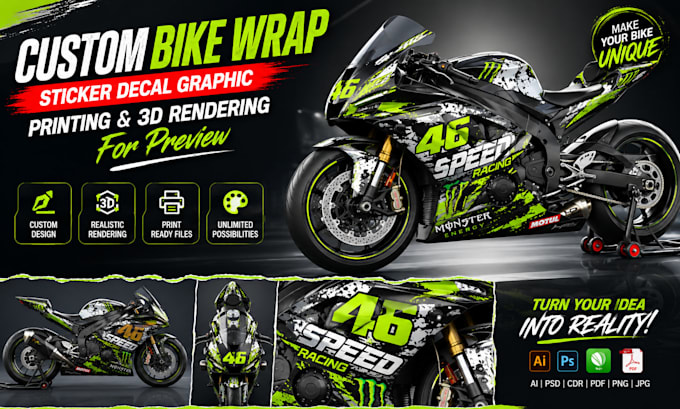 customize mockup bike wrap sticker decal graphic printing rendering for preview