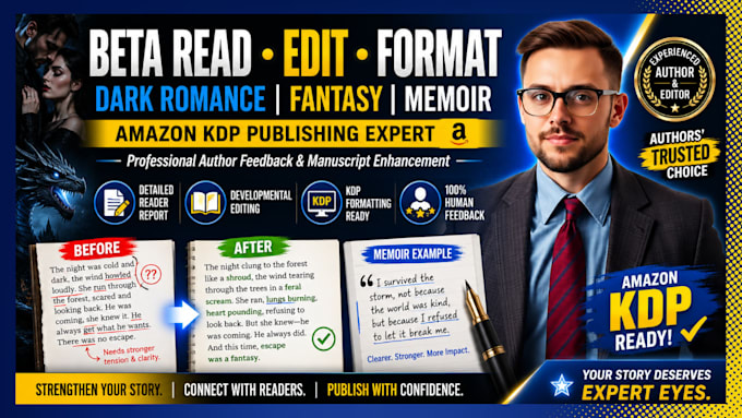 beta read, edit and format dark romance and fantacy manuscript for amazon KDP