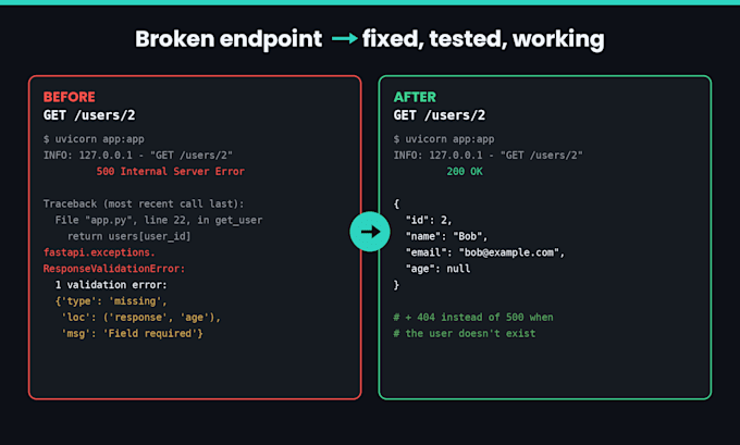 fix your fastapi or flask python API bugs and backend errors