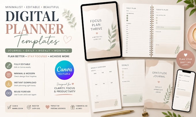 design editable minimalist digital canva journal daily weekly planner templates