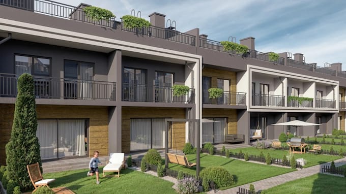 develop modern townhouse exterior from 2d sketch, visualize residential complex