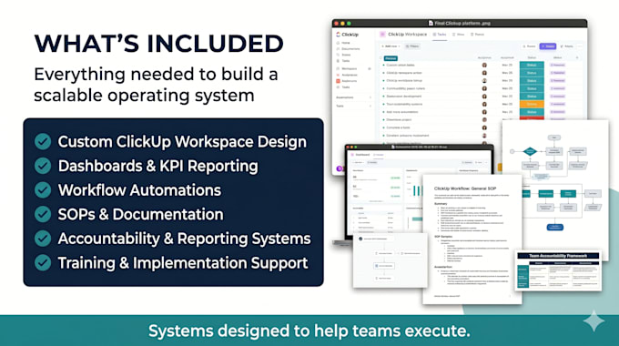 design a clickup workspace to manage your team, projects and operations