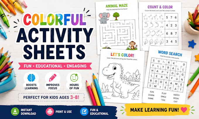 create kids printable activity sheets for etsy digital shop