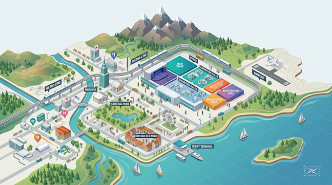 design conference map, world map, isometric map, tourist map, cartography
